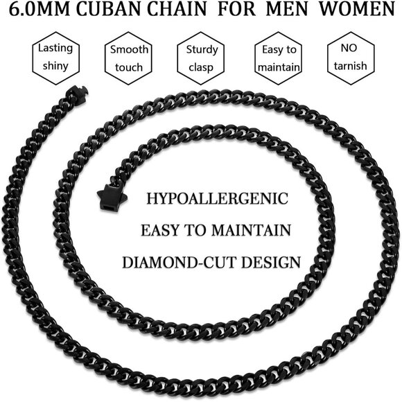 Fiusem e.6mm width-black 20 inches 3.5mm Cuban Link Chains for Men - Picture 5 of 9